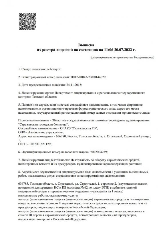 Оборот наркотических средств (выписка из реестра лицензий на 20.07.2022 г.)