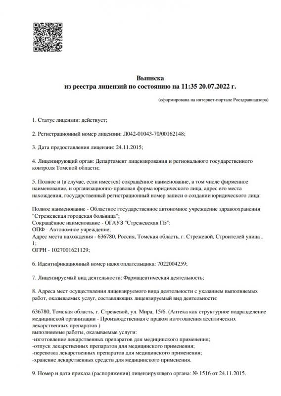 Фармацевтическая деятельность (выписка из реестра на 20.07.2022 .г)